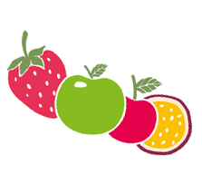 Cartoon fruit imagery of strawberry, green apple, cherry and passion fruit