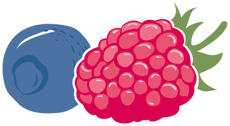 Cartoon fruit imagery of a raspberry and blue berry