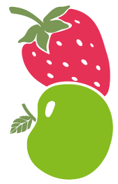 Cartoon fruit imagery of a strawberry and green apple