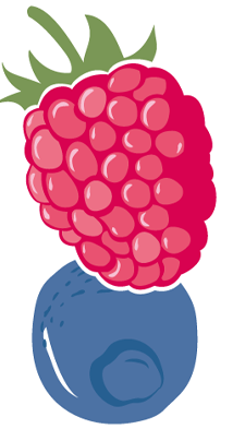 Cartoon fruit imagery of a raspberry and blue berry