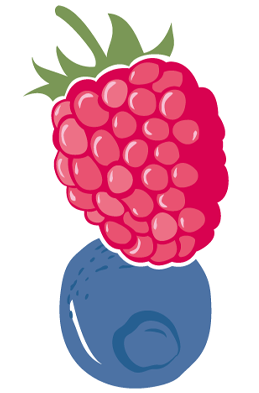 Vertical cartoon fruit imagery of a raspberry  and blue berry