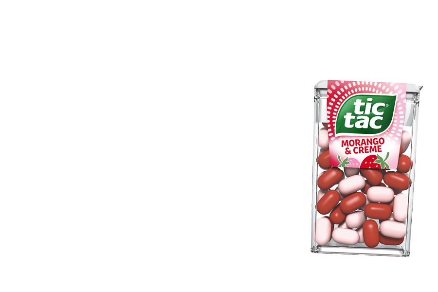 Caixinha de TIC TAC® Morango&Creme com 14,5 gramas com pastilhas coloridas e o iconico desing da marca.