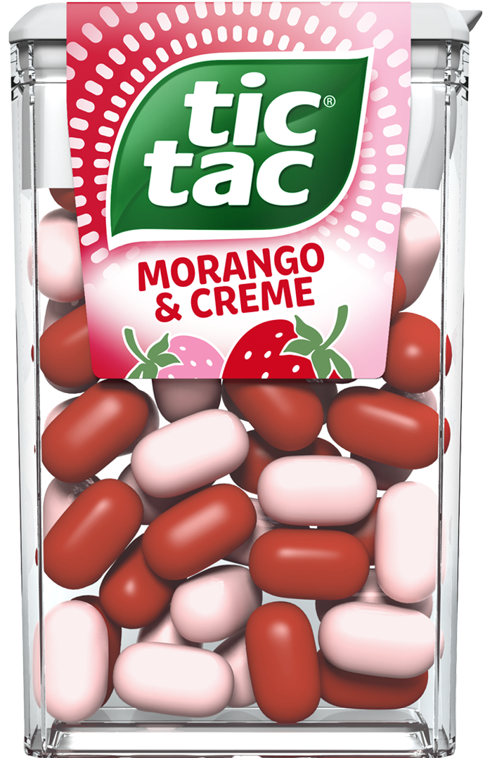 Caixinha de TIC TAC® Morango&Creme com 14,5 gramas com pastilhas coloridas e o iconico desing da marca.