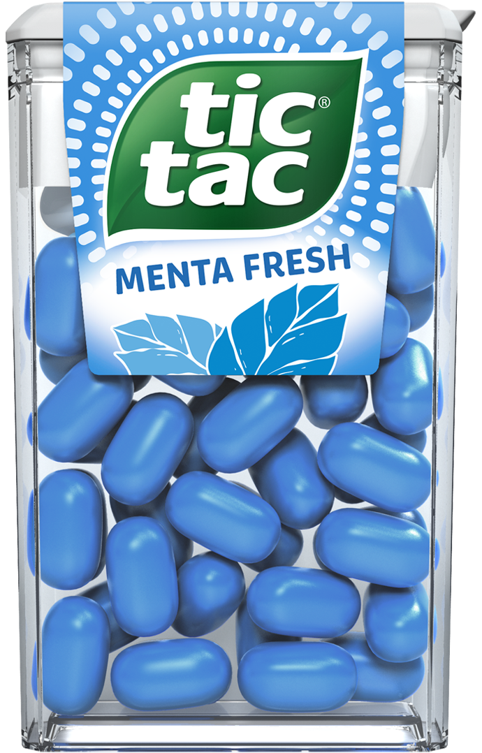 Caixinha de TIC TAC Menta Fresh com 14,5 gramas com pastilhas azuis e o iconico desing da marca.