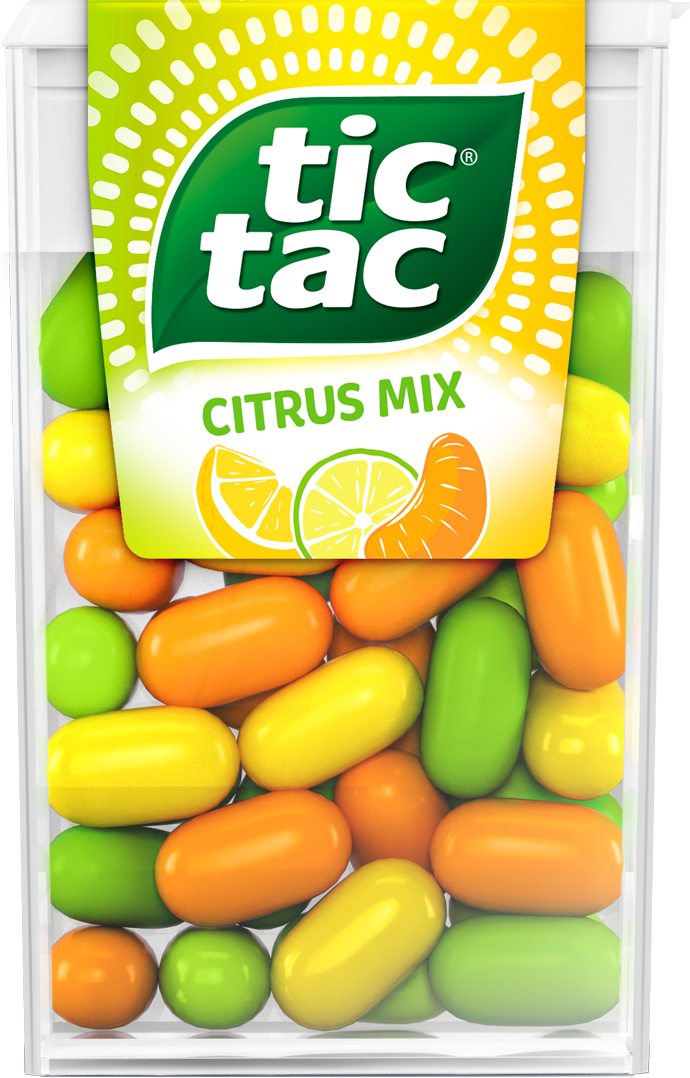 Caixinha de TIC TAC® Citrus Mix com 14,5 gramas com cores coloridas e o iconico desing da marca.