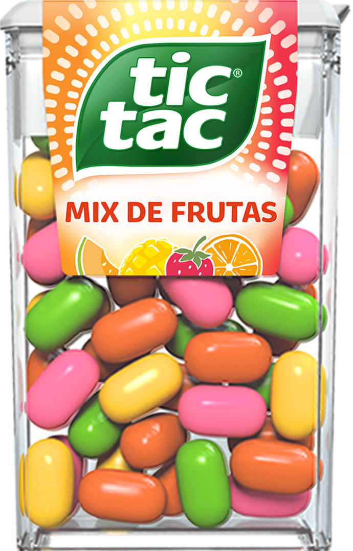 Caixinha de TIC TAC® Mix de Frutas com 14,5 gramas com cores coloridas e o iconico desing da marca.