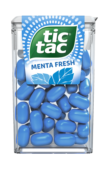 Caixinha de TIC TAC Menta Fresh com 14,5 gramas com pastilhas azuis e o iconico desing da marca.