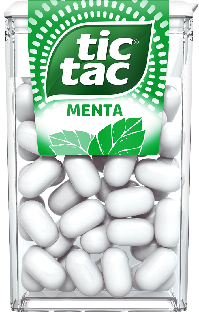 Caixinha de TIC TAC® Menta com 14,5 gramas com pastilhas brancas e o iconico desing da marca.