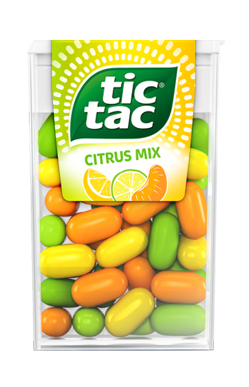 Caixinha de TIC TAC® Citrus Mix com 14,5 gramas com cores coloridas e o iconico desing da marca.