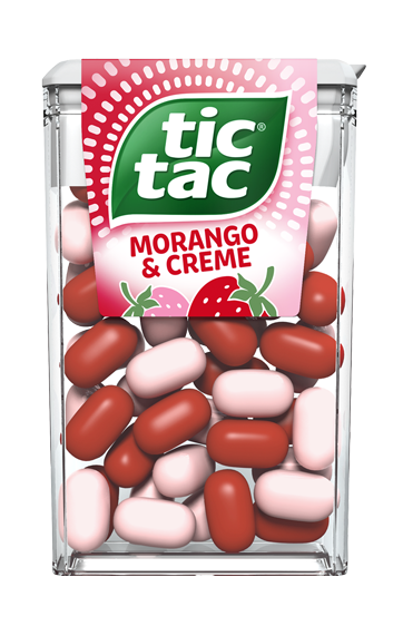 Caixinha de TIC TAC® Morango&Creme com 14,5 gramas com pastilhas coloridas e o iconico desing da marca.