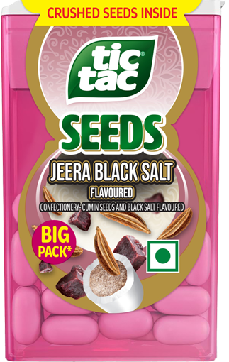 Tic Tac® Jeera Black Salt flavour pack which is a crushed seeds of jeera with a Desi twist and acts as a Post Meal Mouth Refreshner