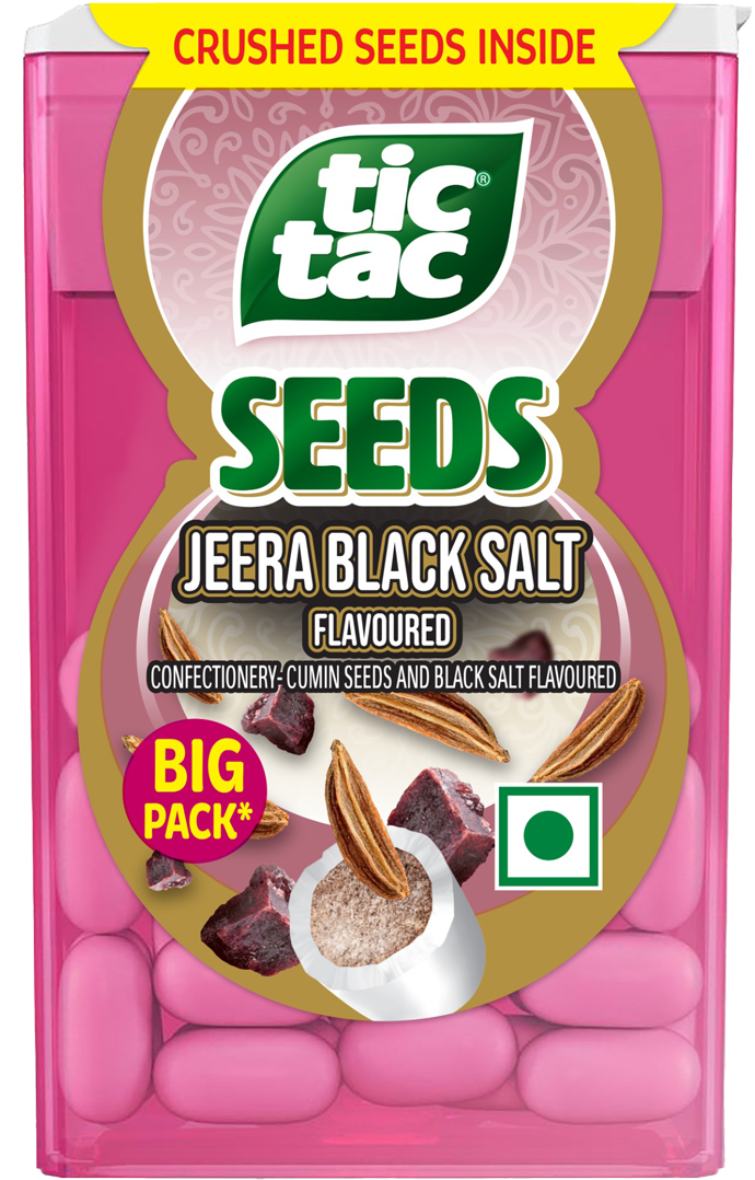 Tic Tac® Jeera Black Salt flavour pack which is a crushed seeds of jeera with a Desi twist and acts as a Post Meal Mouth Refreshner