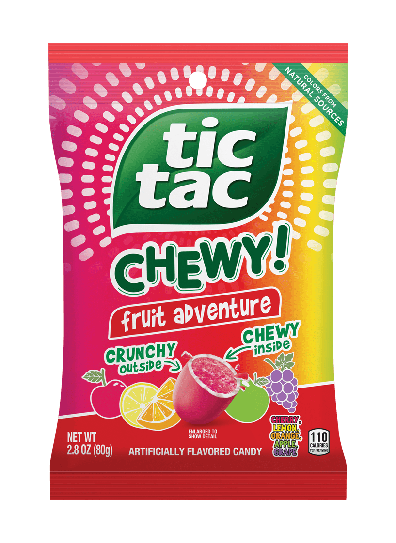 Assorted TIC TAC CHEWY! fruit snacks in colorful packaging, highlighting their chewy texture and fruity flavors, perfect for snacking.