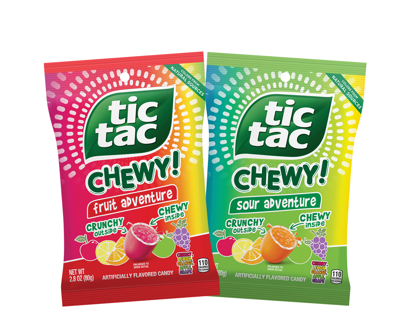 Assorted TIC TAC CHEWY! fruit snacks in colorful packaging, highlighting their chewy texture and fruity flavors, perfect for snacking.