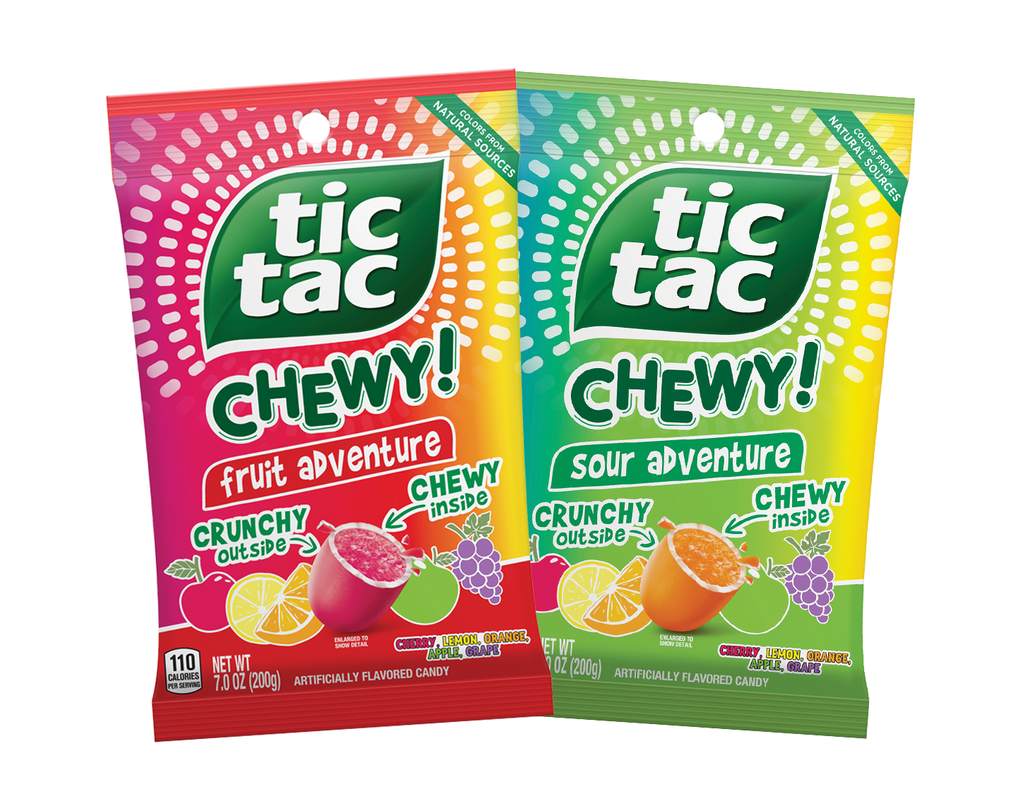 Assorted TIC TAC CHEWY! fruit snacks in colorful packaging, highlighting their chewy texture and fruity flavors, perfect for snacking.