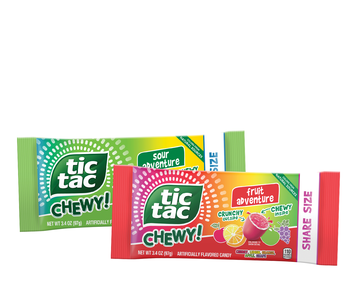 Assorted TIC TAC CHEWY! fruit snacks in colorful packaging, highlighting their chewy texture and fruity flavors, perfect for snacking.