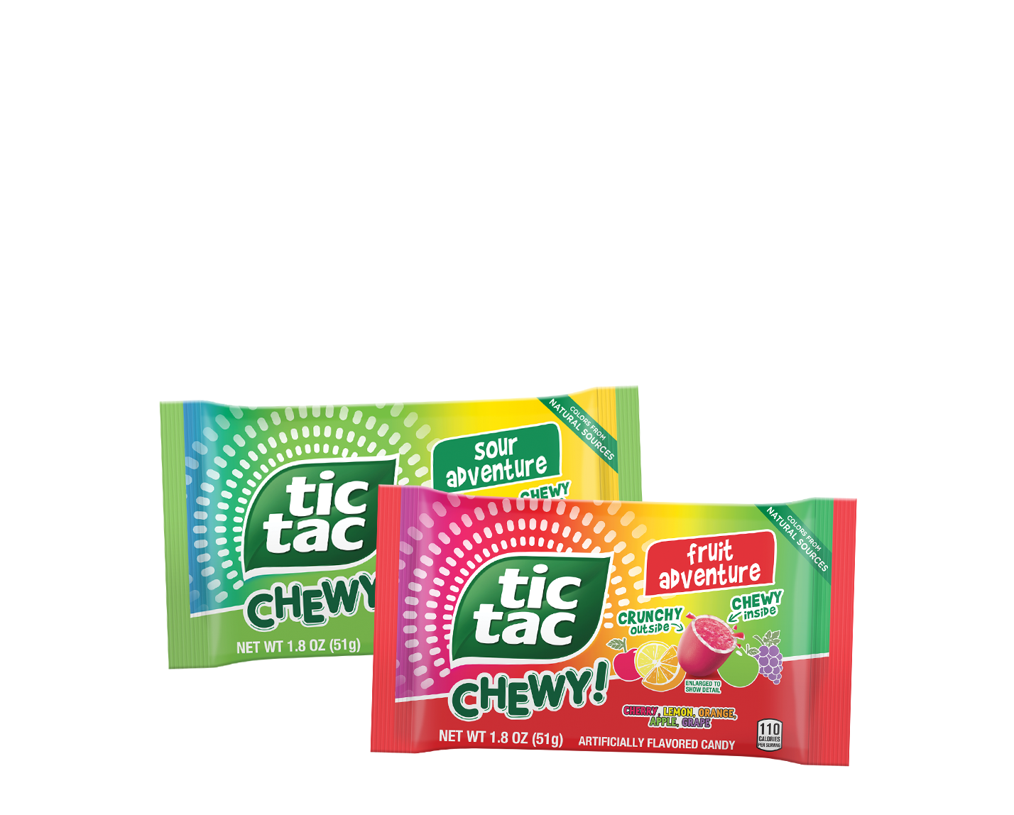 Assorted TIC TAC CHEWY! fruit snacks in colorful packaging, highlighting their chewy texture and fruity flavors, perfect for snacking.