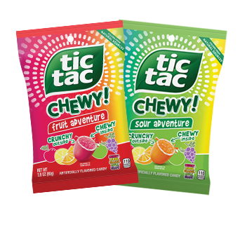 Assorted TIC TAC CHEWY! fruit snacks in colorful packaging, highlighting their chewy texture and fruity flavors, perfect for snacking.