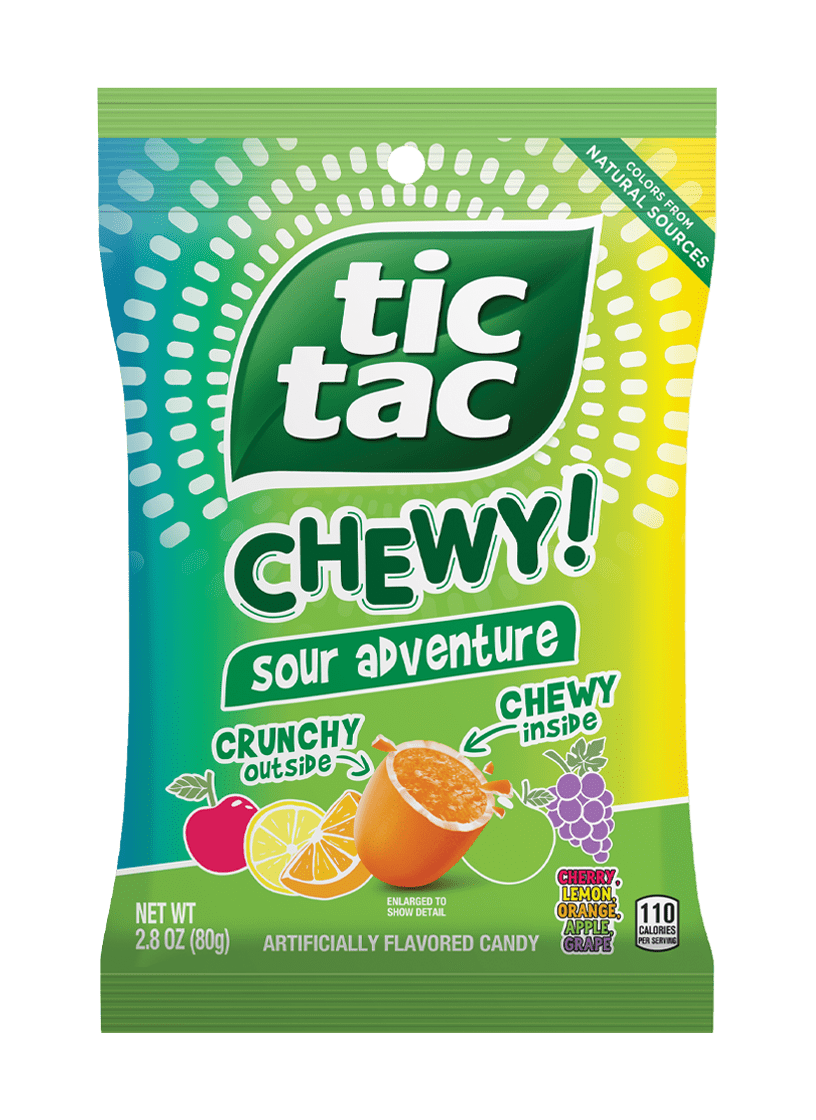 Assorted TIC TAC CHEWY! fruit snacks in colorful packaging, highlighting their chewy texture and fruity flavors, perfect for snacking.