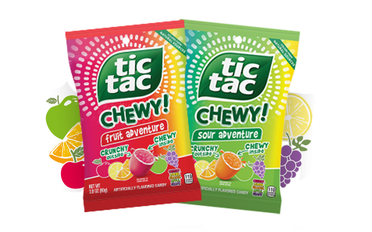 Assorted TIC TAC CHEWY! fruit snacks in colorful packaging, highlighting their chewy texture and fruity flavors, perfect for snacking.