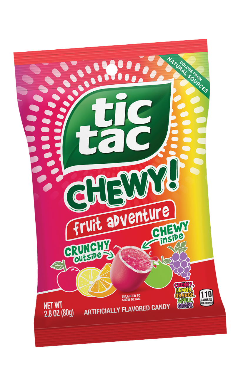 Assorted TIC TAC CHEWY! fruit snacks in colorful packaging, highlighting their chewy texture and fruity flavors, perfect for snacking.